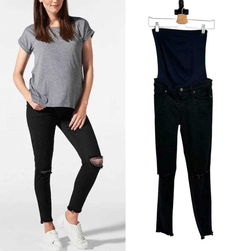 Blanqi Denim Maternity Belly Support Skinny Jeans Black Knee Slit Wash Size 2‎